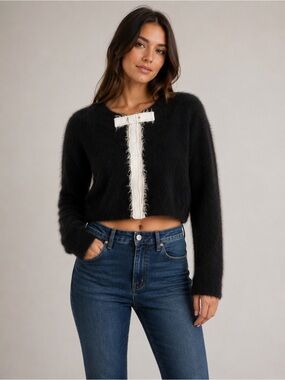 Orla Kiely Angora Crop Bow tie Snap front Cardigan Black sweater Sz 4